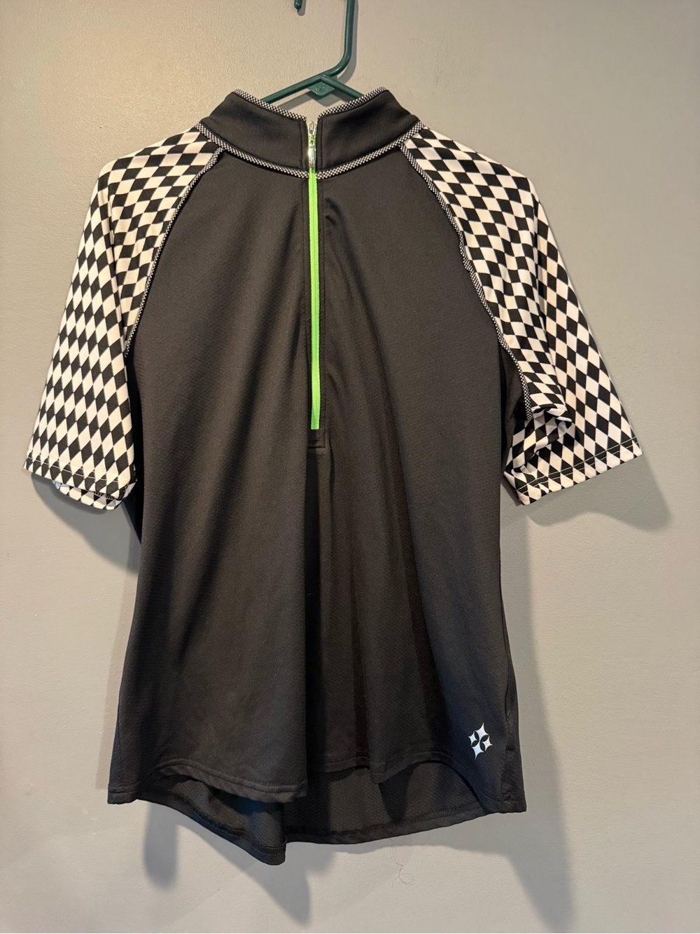 *Jofit Black Swim Rashguard with Checkerboard Sleeves and Neon Green Zipper